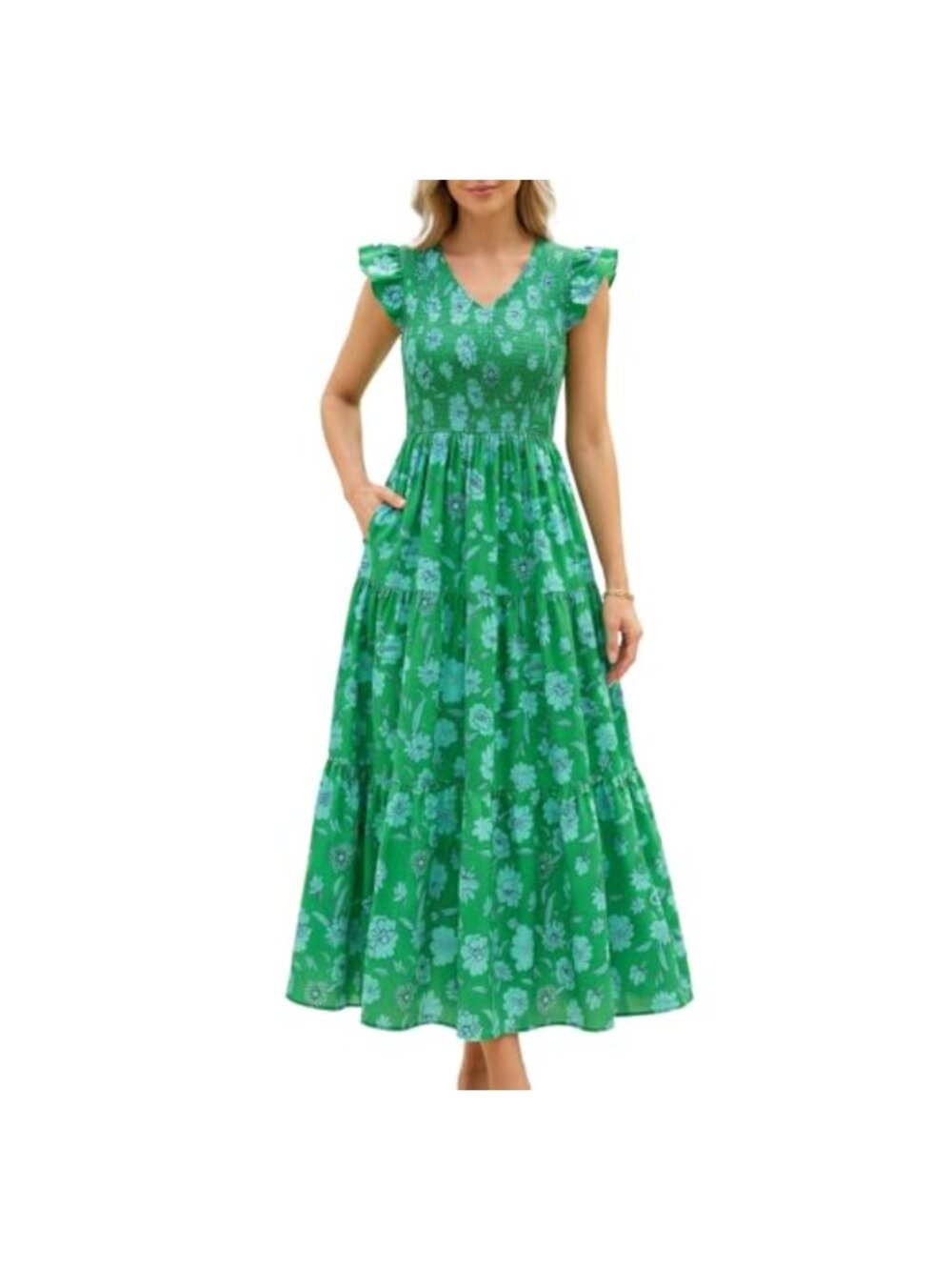 Boho Floral Maxi Dress with Smocked V-Neck and Ruffle Sleeves